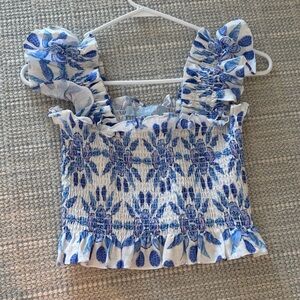 Hill House Blue and White Floral Smocked Crop Top